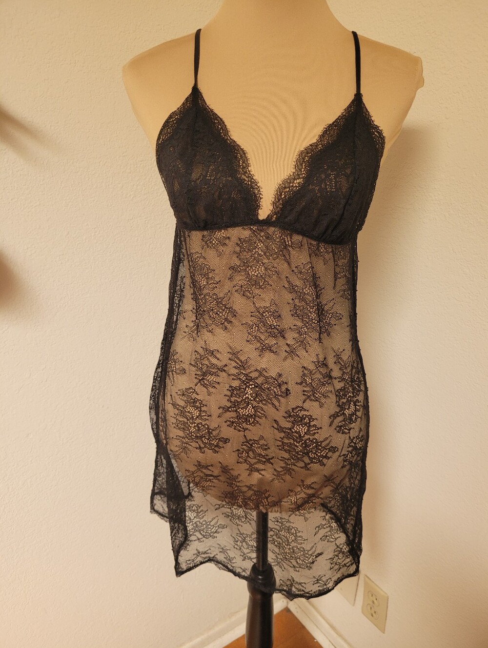 Victoria's Secret Black Lace Sheer Chemise Lace Up Back